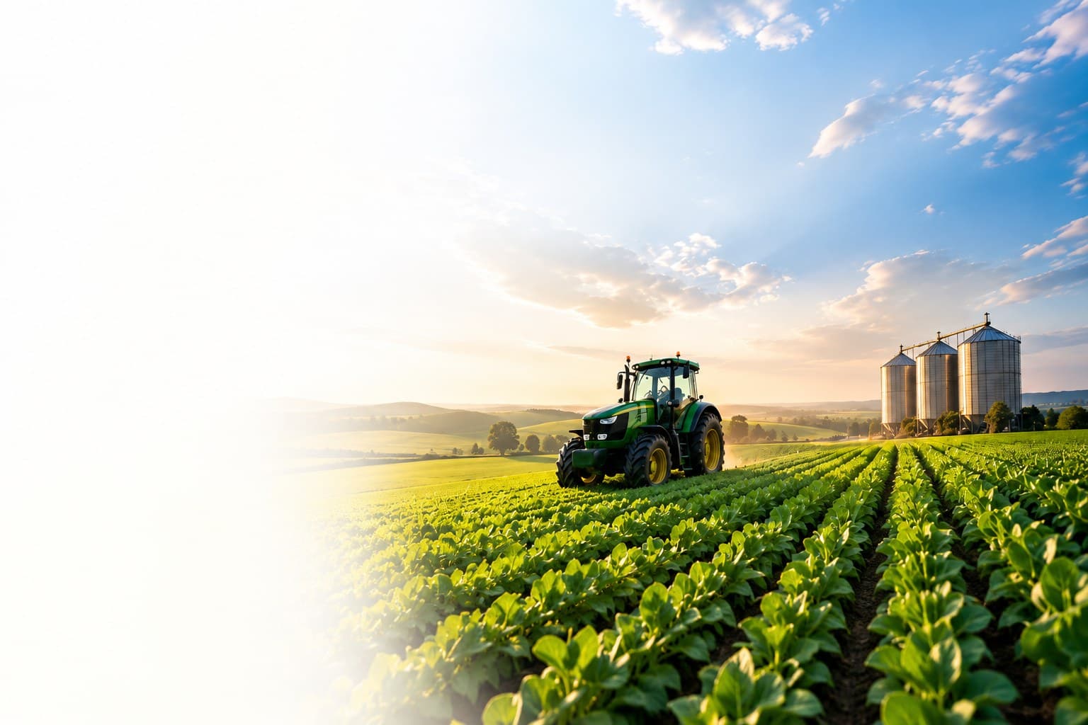 Green tractor working through crop rows with grain silos at sunset